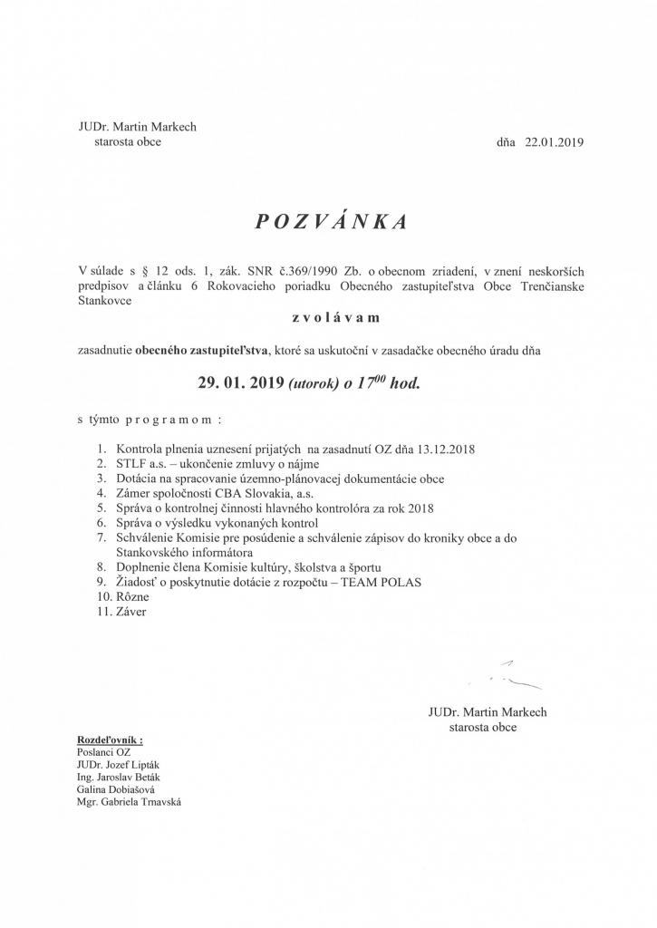 Pozvánka na zasadnutie  OZ dňa 29.01.2019 o 17:00 hod.